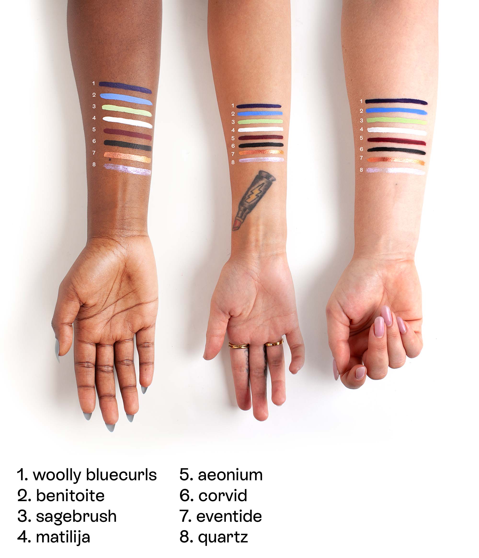 Color swatches of Deepdive colors on dark, medium and light tone forearms.