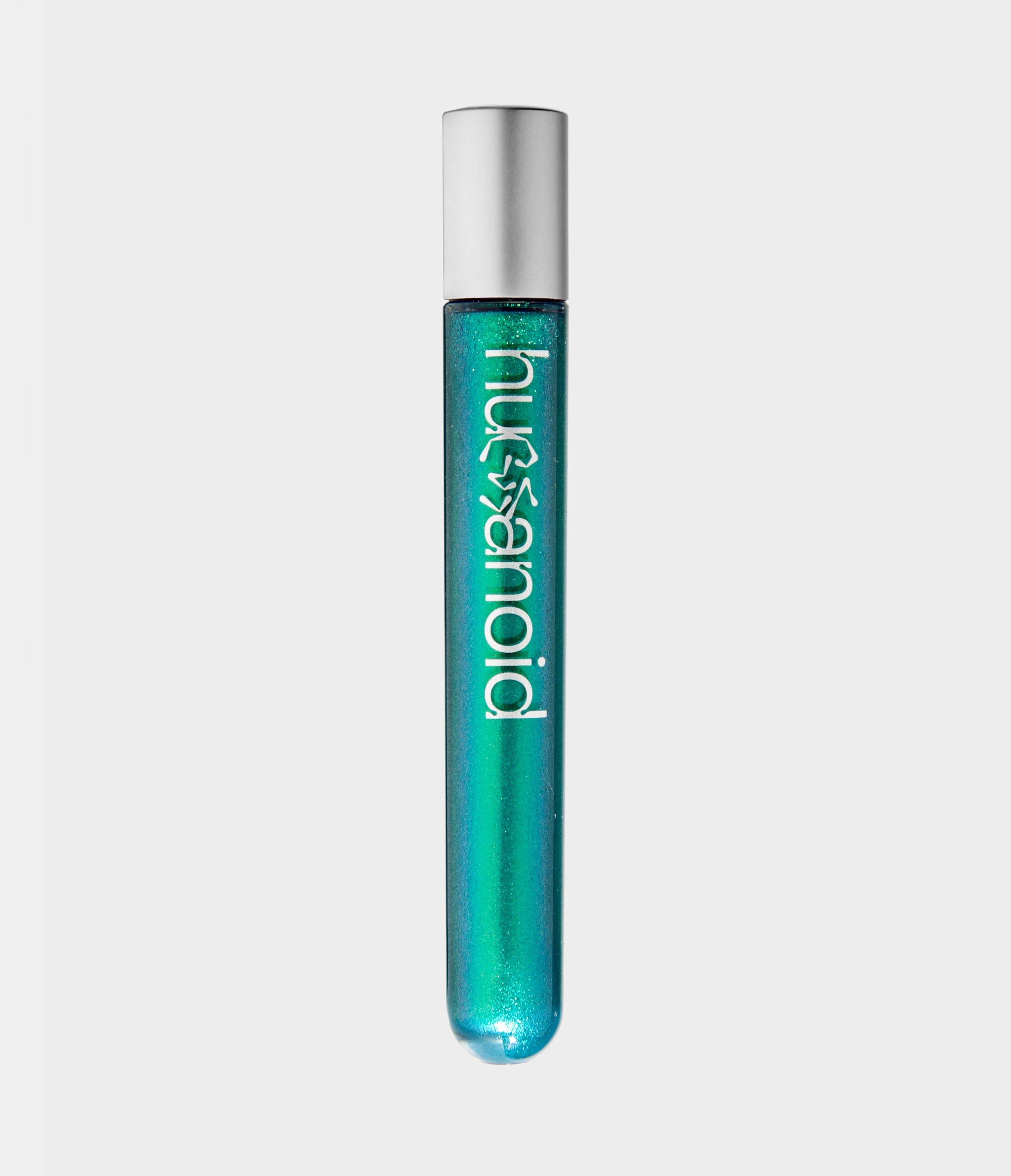 A transparent tube of shimmery green body and face makeup with a white humanoid logo and silver cap